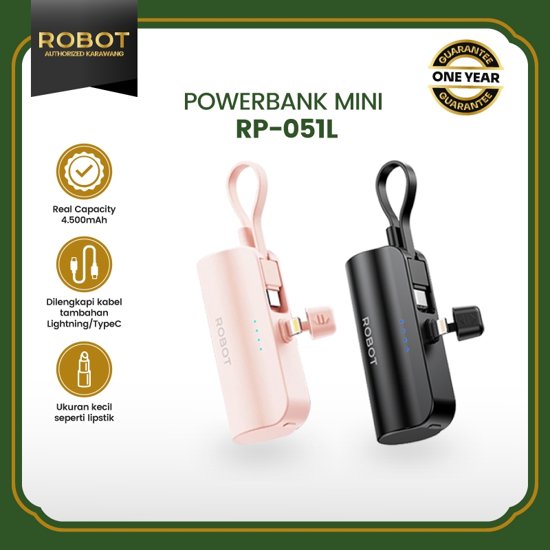ROBOT Powerbank Mini 4.500mAh Port Type-C Built in Cable Lightning Standing Power Bank Portable RP-051C Travel Size Black Pink Original