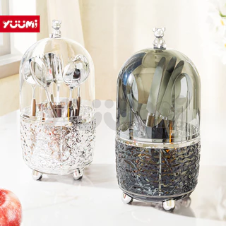 YUUMI Tempat Sendok Garpu Berputar - Organizer Multifungsi untuk Kuas Makeup, Kosmetik, Alat Tulis, & Perlengkapan Dapur