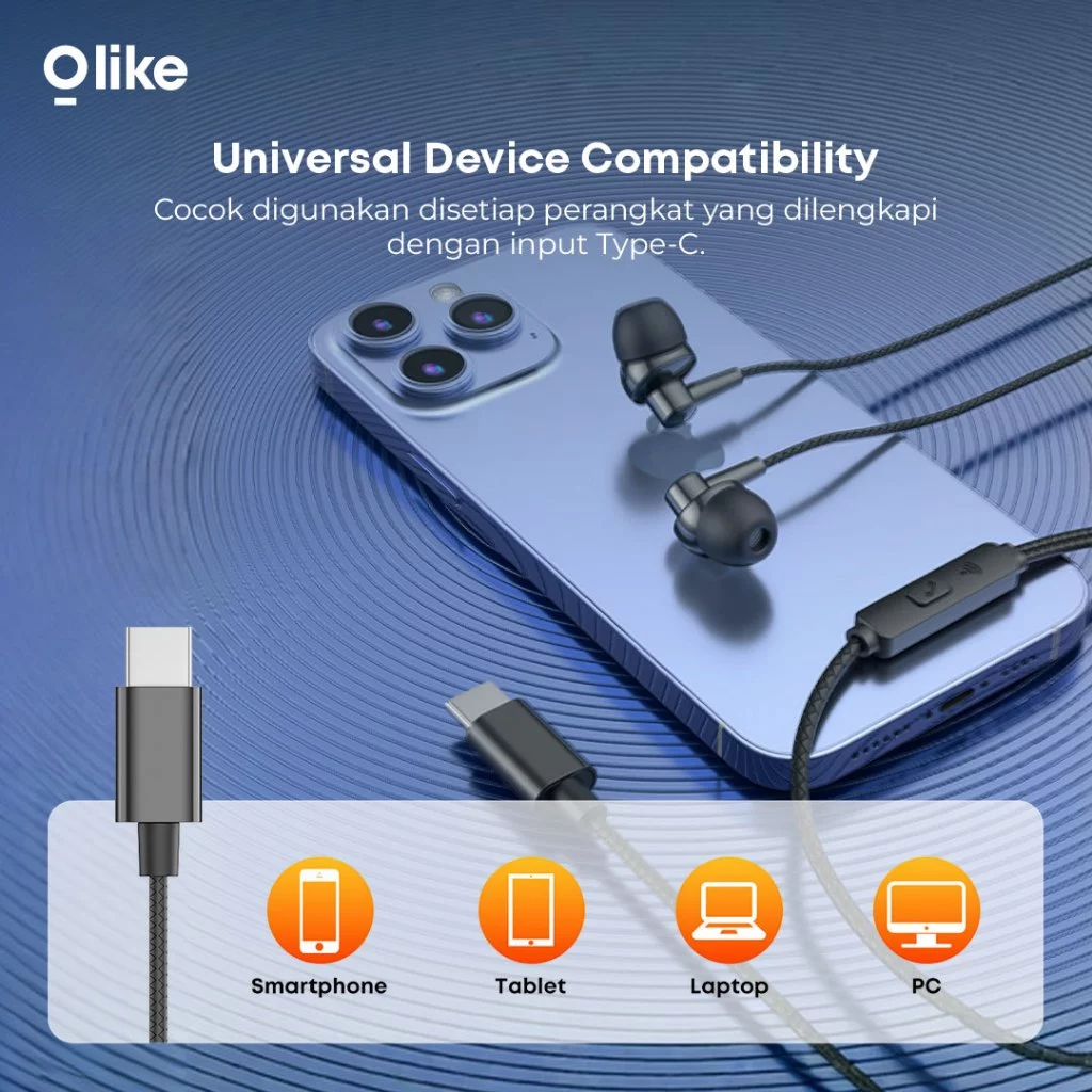 OLIKE WIred In Earphone E100C Heaset Jack Type C 120cm Universal Compatible with Tombol Kontrol Multitugas Hedset Kabel