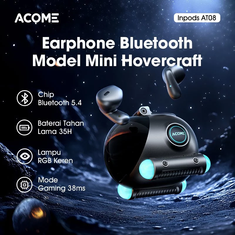 ACOME Inpods AT08 Earphone Earbuds Headset TWS Gaming Bluetooth 5.4 RGB Low Latency 38ms Model Mini Hovercraft