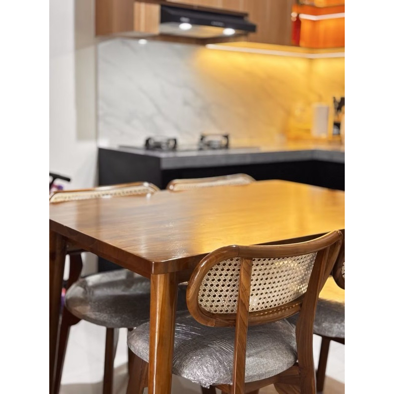 Jual meja makan 140x80 oval kursi rotan k2+ bench sandaran rotan kayu ...