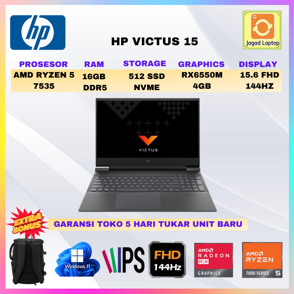 Jual Hp Victus 15 Ryzen 5 7535 RX6550M 4GB/ 16GB 512GB W11 15.6 Inches ...