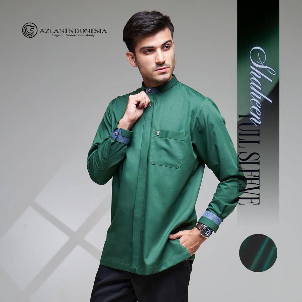 Jual AZLAN Indonesia - Kemeja Koko Pria Shaheen Warna Green Emerald ...