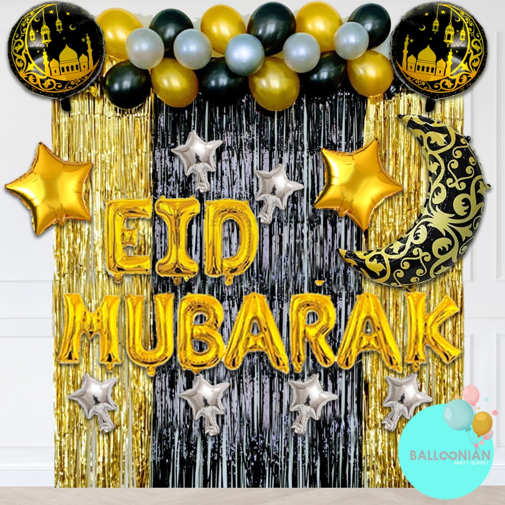 EID MUBARAK BLACK GOLD DECORATION/BALLOON FOIL/DEKORASI LEBARAN/IDUL FITRI/RAMADHAN/MARHABAN YA RAMADHAN