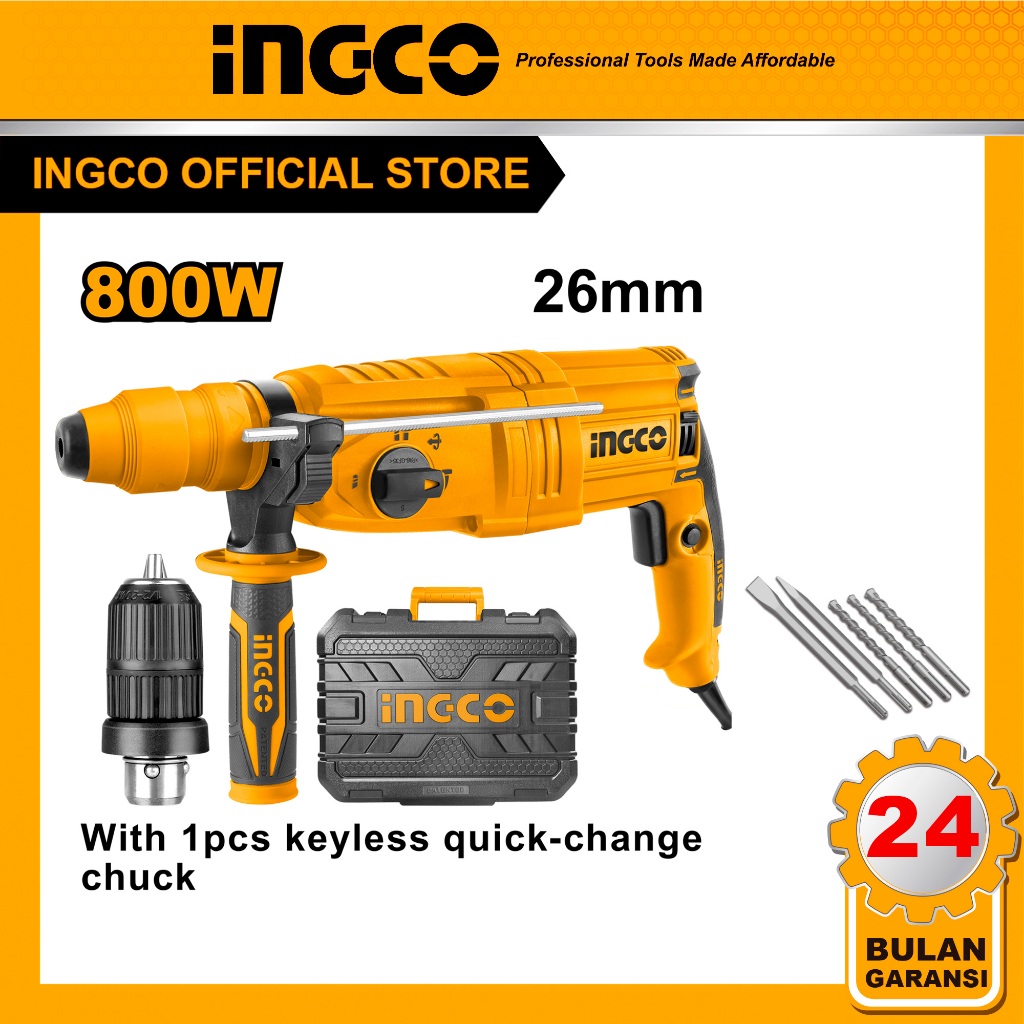 Jual INGCO 800W Bor Rotary 26mm SDS Plus dengan 3 Mata Bor dan 2 Chisel ...
