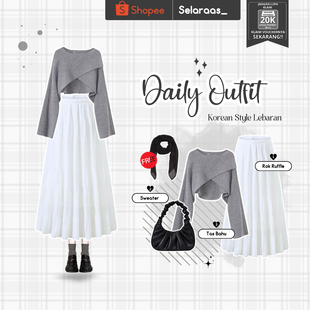 Jual TERBARU Setelan Rok Wanita Kekinian Sweater Silang, Tas