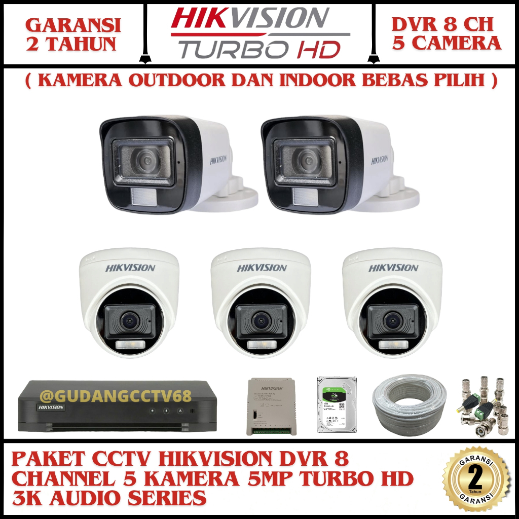 Jual Paket CCTV Hikvision DVR 8 Channel 5 Camera 5mp Turbo HD 3K Audio ...