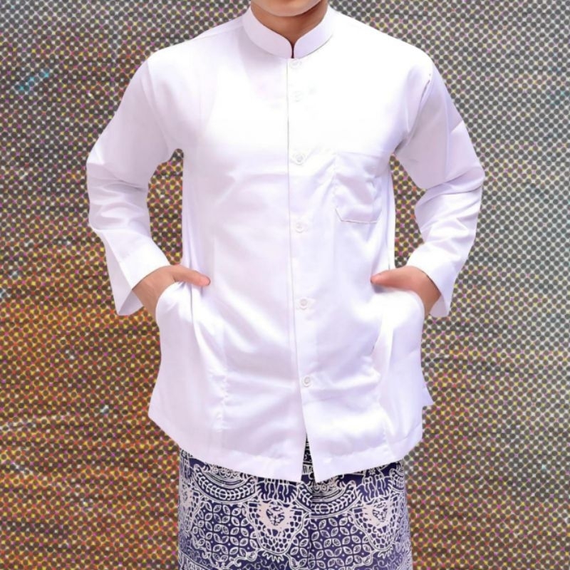 Baju Koko Dewasa Lengan Panjang Model Haibah Saku Samping Warna Putih Berkualita - foto 5