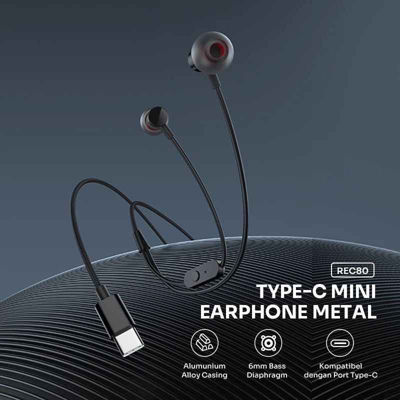 ROBOT Earphone Mini In-Ear Metal Allumunium Alloy Casing Ultra Bass 6mm dengan Kabel Type C Wired Headset Kabel TPE REC 80