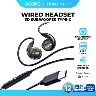 ACOME 3D Subwoofer Headphone Earphone Headset Type-C/Jack 3.5mm Powerfull Bass Plug and Play Transparent Wired Body Black ACE01 Pro/ACE01 Original - Garansi Resmi 1 Tahun