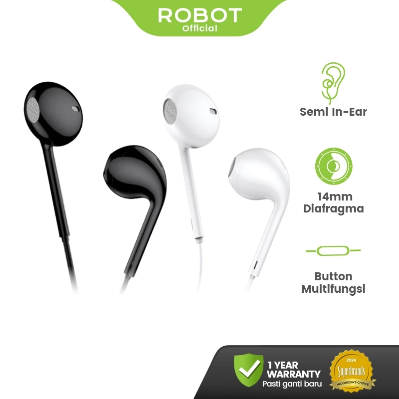 ROBOT Wired Headset Earphone Bass Kabel Audio Jack Smartphone RE10 Original - Garansi 1 Tahun