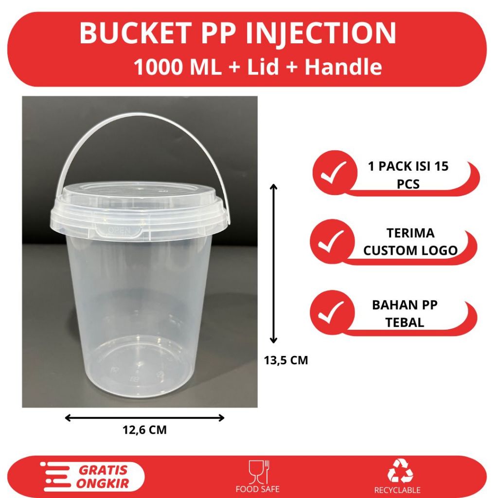 Jual (300 PCS) CUSTOM LOGO BUCKET THINWALL HANDLE EMBER KURMA 500ml ...