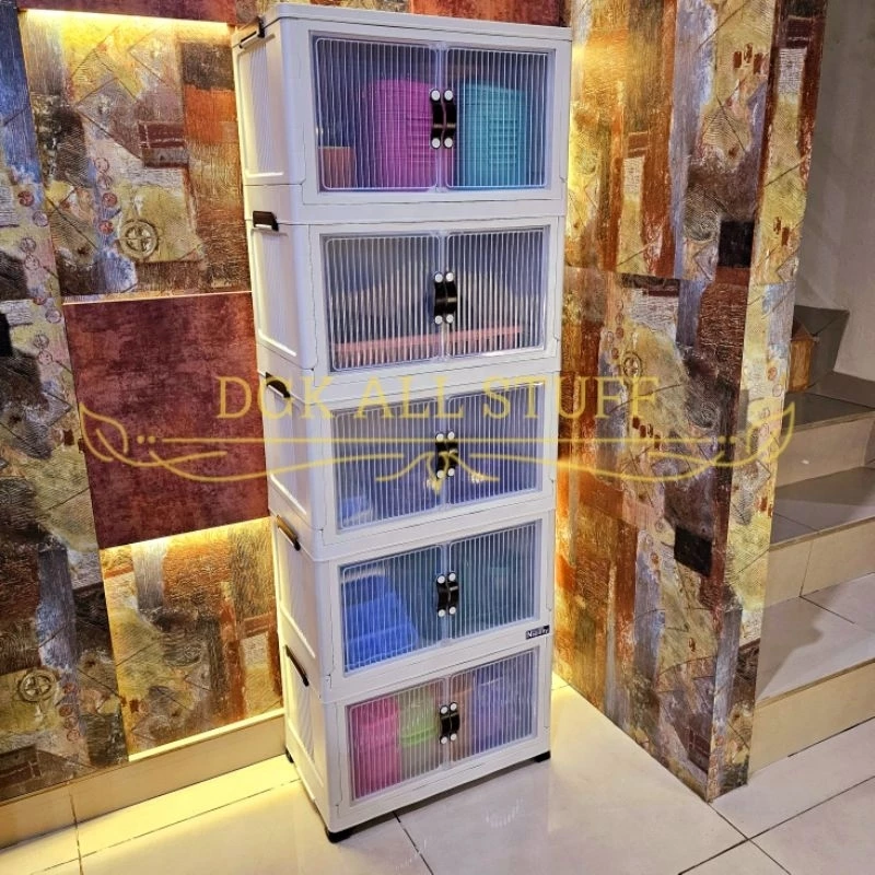 Lemari Kabinet Container Kontainer Rak Lipat Susun 1 2 3 4 5 Tingkat Tumpuk Pintu Magnetik Magnet Pakaian Baju Anak Bayi Baby Buku Sepatu Piring Dapur Serbaguna Bening Transparan Putih Plastik Napolly Napoly Polibox Estetik Aesthetic Minimalis Mewah Unik