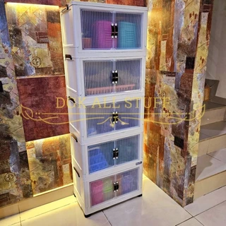 Lemari Kabinet Container Kontainer Rak Lipat Susun 1 2 3 4 5 Tingkat Tumpuk Pintu Magnetik Magnet Pakaian Baju Anak Bayi Baby Buku Sepatu Piring Dapur Serbaguna Bening Transparan Putih Plastik Napolly Napoly Polibox Estetik Aesthetic Minimalis Mewah Unik