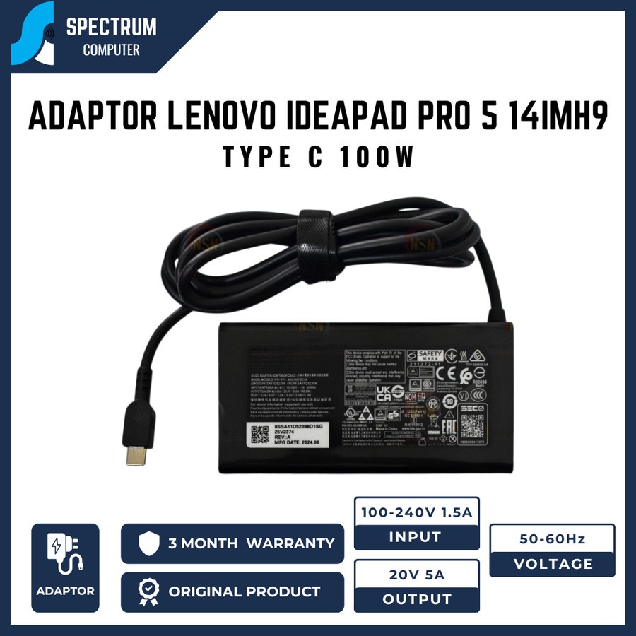 Genuine Lenovo 100W USB-C Charger (20V 5A) For IdeaPad 5 Pro, Yoga, ThinkPad - ADL100YLC3A