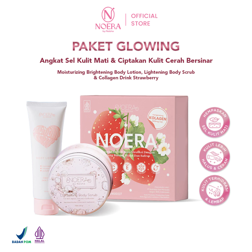 Noera Paket Glowing | Collagen Drink Improved Formula + Moisturizing Brightening Body Lotion + Lightening Body Scrub - foto 1