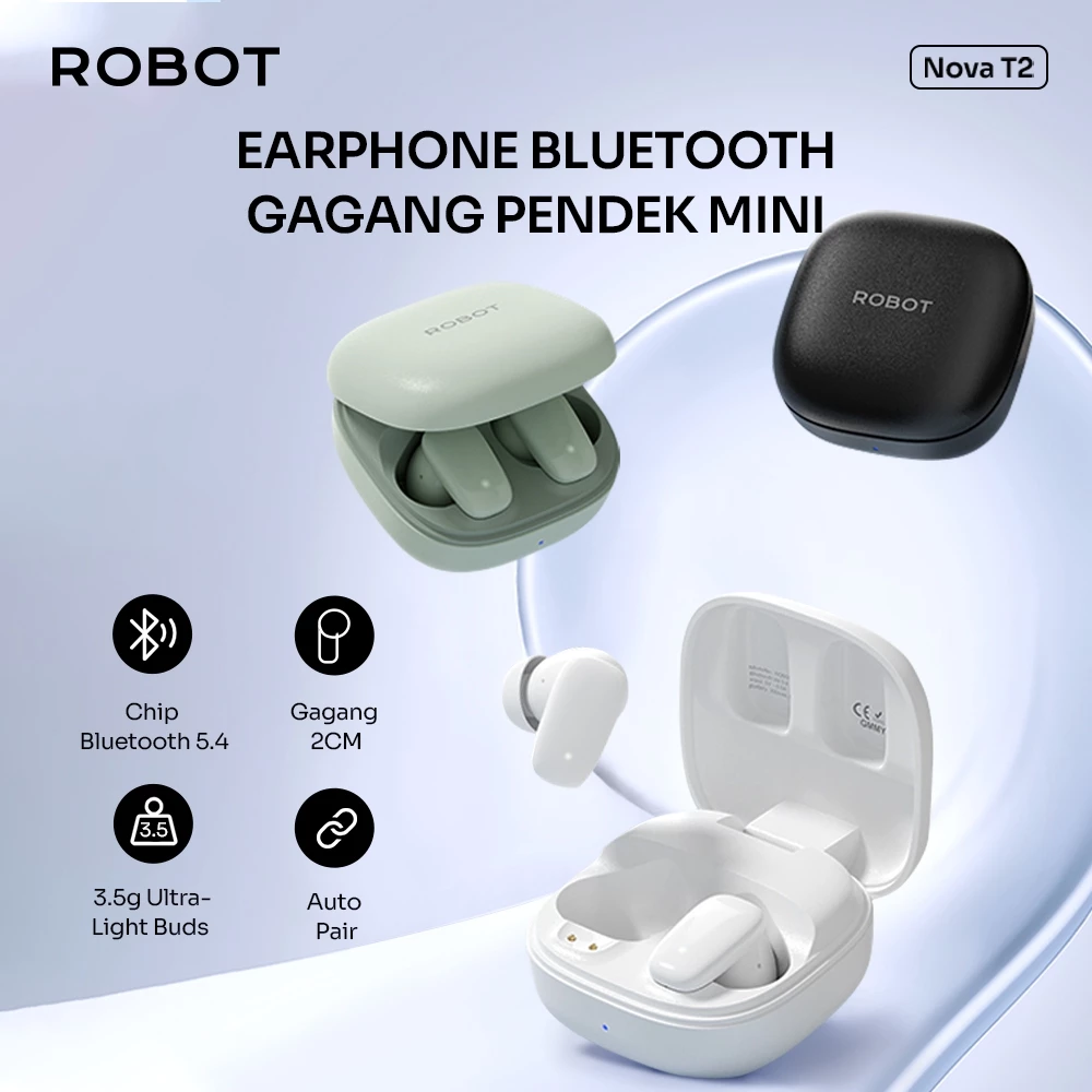 ROBOT TWS Earphone Wireless Bluetooth 5.4 Ultra Light Buds with Gagang Mini 2 cm Headset Bluetooth 37H PlayTime Nova T2 Original