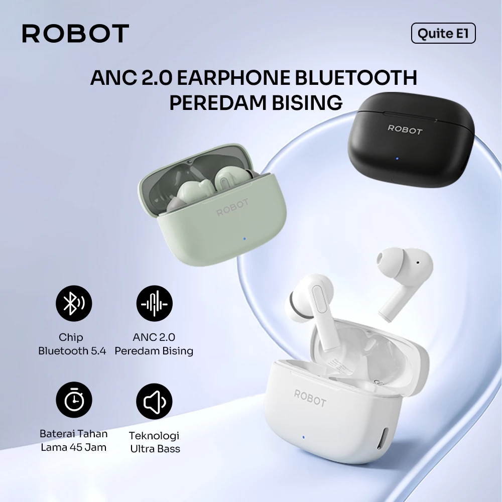 ROBOT New Earphone Bluetooth ANC 2.0 with Bluetooth 5.4 True Wireless Stereo Ultra Bass Algoritma AI 4-Mikrofon Quite E1 Original