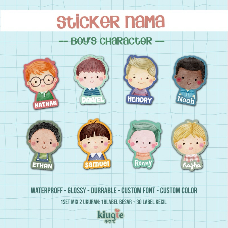 Jual Kiuqte Sticker Label Nama Cute Custom Karakter Boy Waterproof ...
