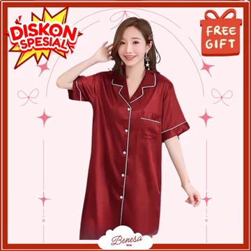 Benesa Wear Piyama Daster Basic Satin Baju Tidur Premium Wanita Set Setelan Pakaian Lucu Motif