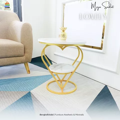 Meja Sudut Aesthetic Meja Tamu Bulat - MEJA LOVELY - Samping Sofa Besi Holo Marmer Mewah