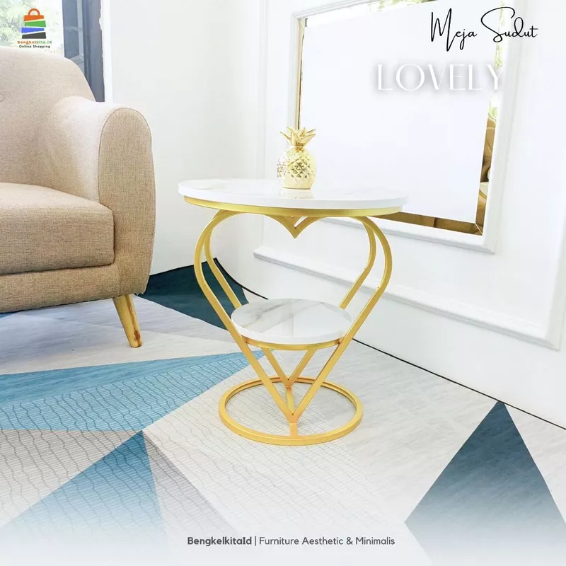 Meja Sudut Aesthetic Meja Tamu Bulat - MEJA LOVELY - Samping Sofa Besi Holo Marmer Mewah