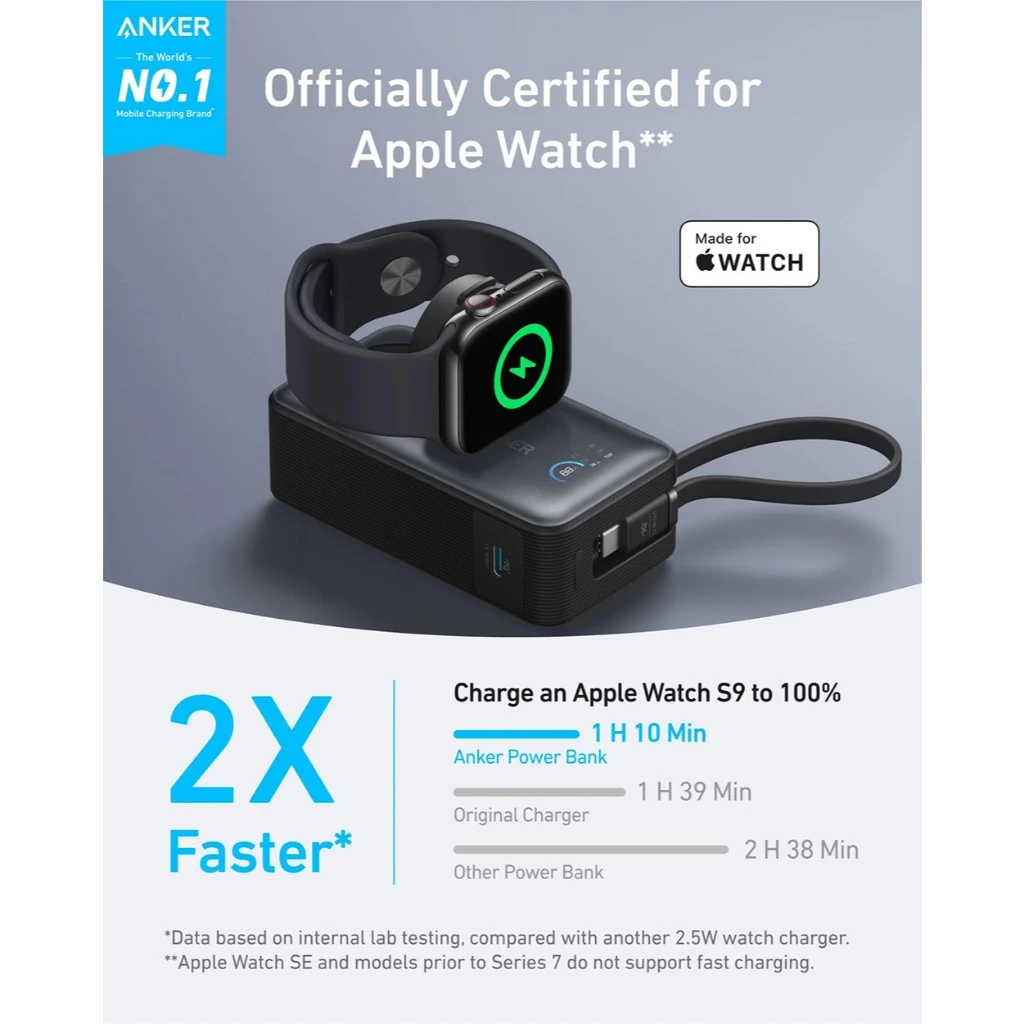 Anker MagGo Power Bank for Apple Watch 10,000 mAh Compact Battery Pack with Built-In USB-C Cable 35W Max