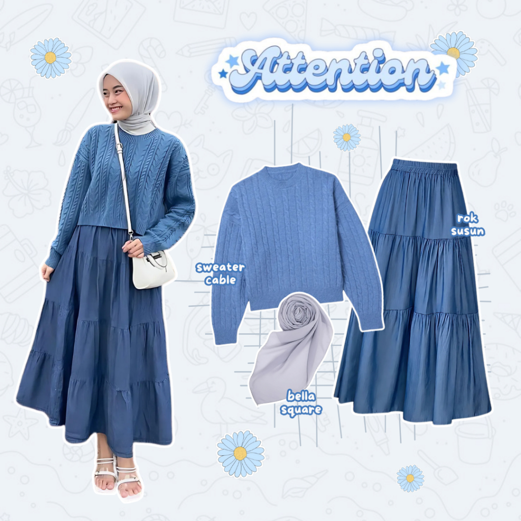 Ootd 3in1 Daily Hijab Casual Denim [Hijab Segi Empat, Sweater Cable, Rok  Ruffle] Diana Outfit BB61
