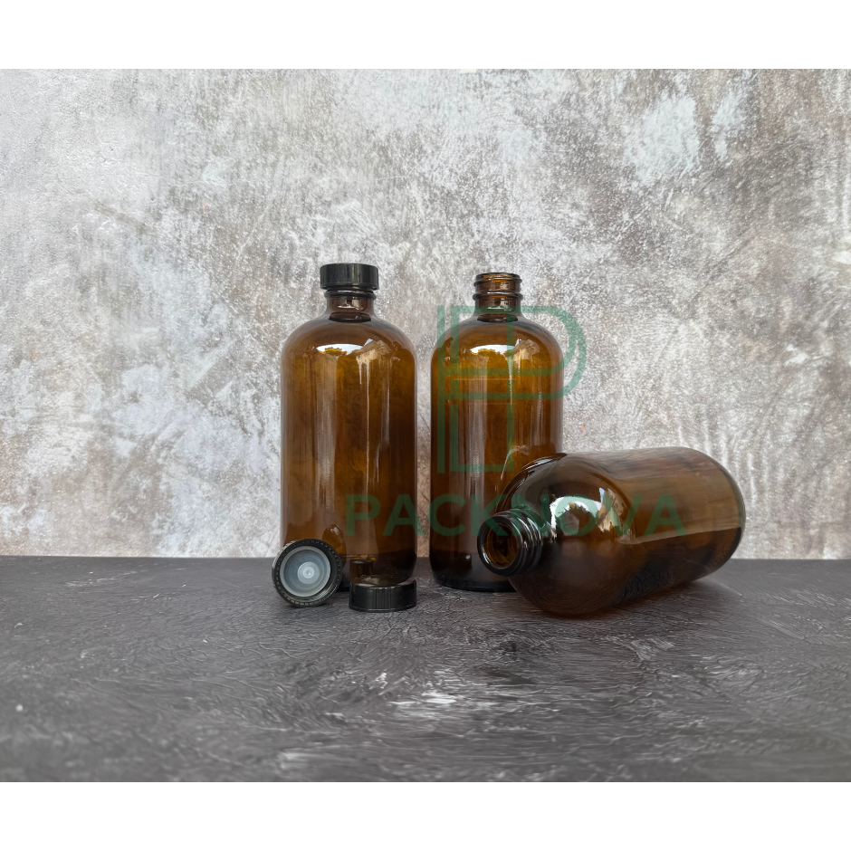Jual Botol Kaca Amber Boston 500ml - Tutup Plastik Hitam / Tutup ...