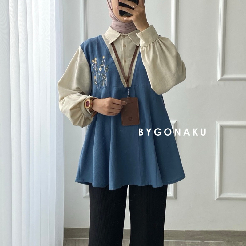 [Bygonaku] Senja Top Blouse Linen Bordir | Atasan Blouse Kemeja Kerja Wanita Korean Style | Busui Friendly foto 2