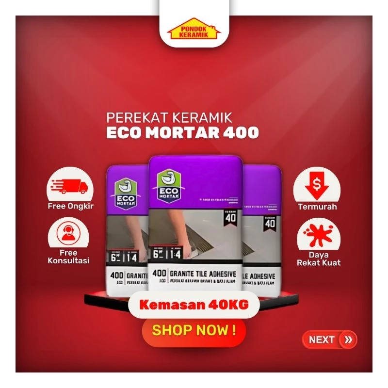 Semen Instan Eco Mortar 400 Perekat Keramik diatas Keramik Granit ECO -400 Tile on Tile 40 kg