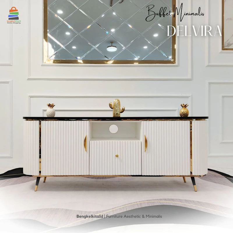 Meja TV Aesthetic Meja Buffet TV Kayu Solid - MEJA DELVIRA - 180cm Laci Pintu Cat Duco Glossy