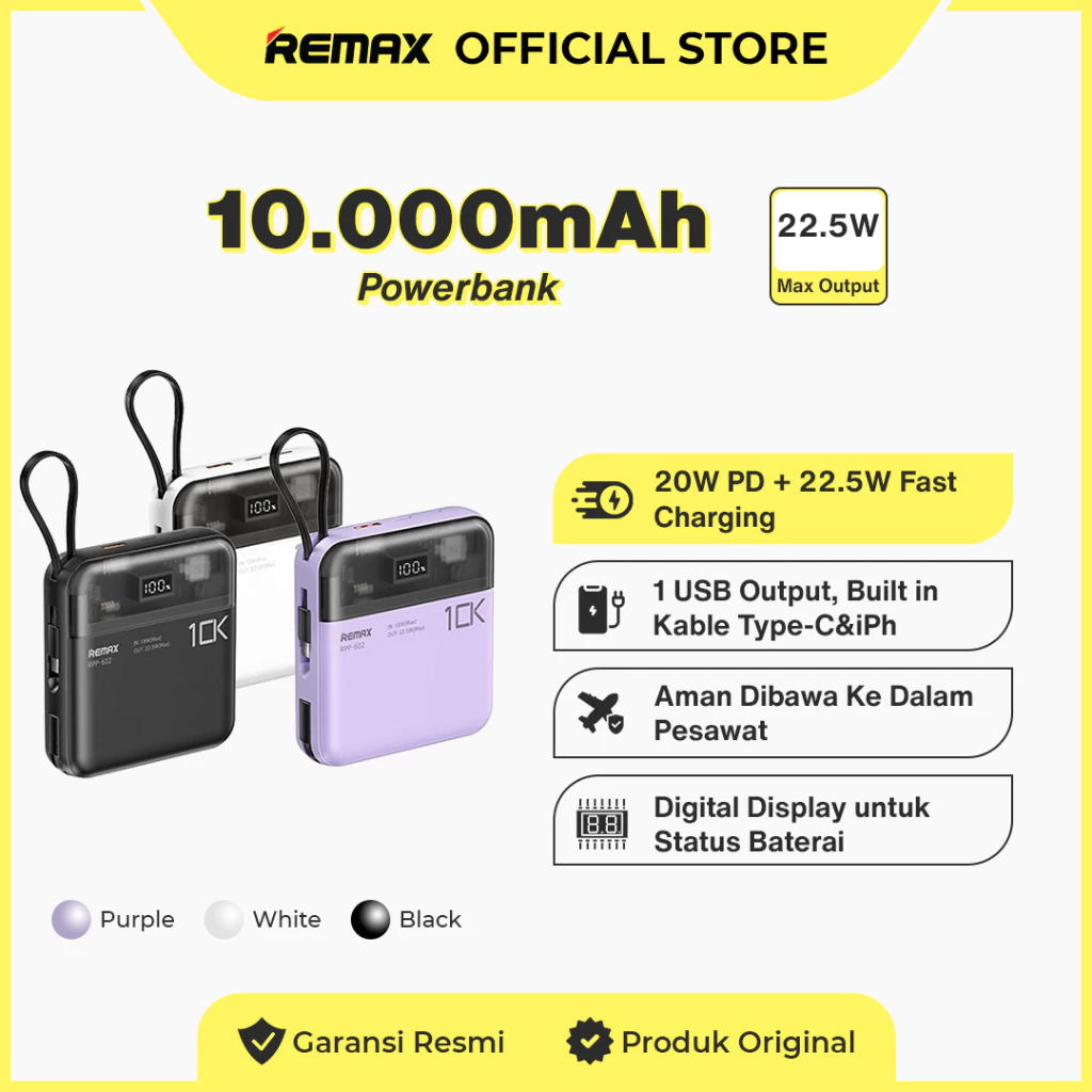 Remax Powerbank Fast 10000mAh 20W+22.5W Build Cable iPh+Type-C RPP-602