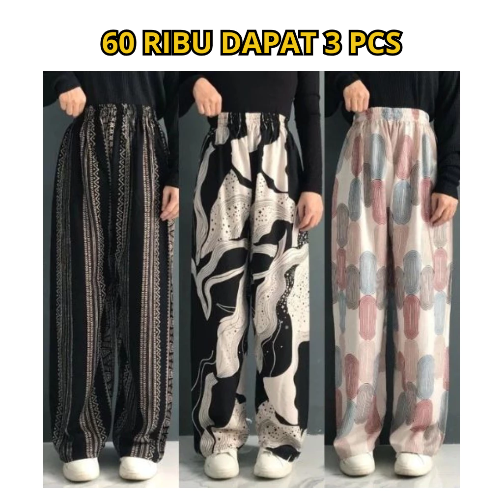 Paket 3pcs Kulot Rayon Murah / Kulot Rayon High Waist / Celana Panjang Kulot Hommy / Kulot Motif Kekinian Terbaru | AutoStock