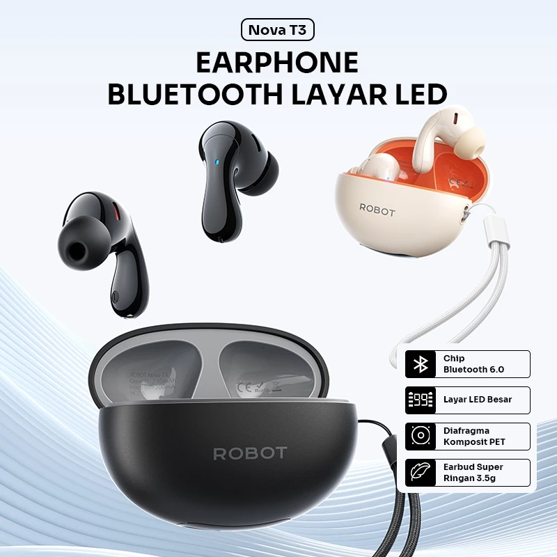 ROBOT Earphone Wireless Bluetooth 6.0 Suara Jernih Powerful Bass Pemakaian 37 Jam dengan Tampilan Daya LED TWS Nova T3