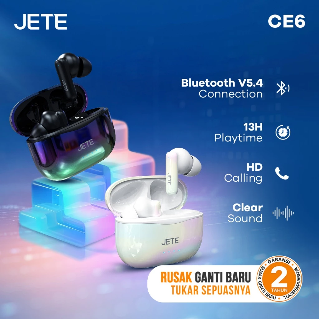 TWS Bluetooth JETE CE6 Earbuds 13 Hours Playtime New Color Futuristic Glow - Garansi 2th