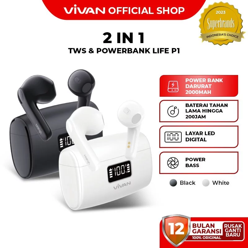 VIVAN Life P1 2in1 TWS & Mini Powerbank 2000mAh Power Bass ENC BT 5.4 LED Display Garansi 12 Bulan