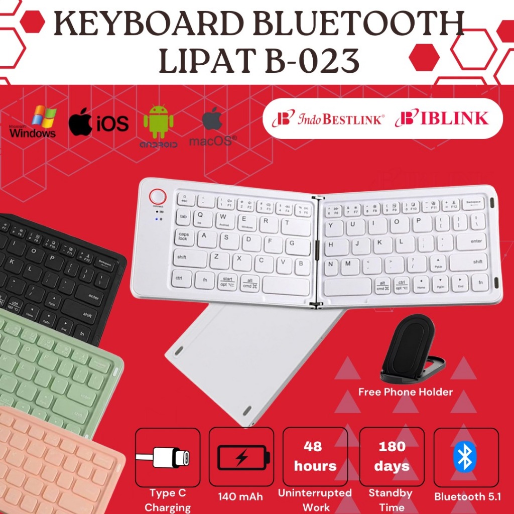 Keyboard Lipat Wireless Bluetooth Rechargeable Compatible Portable Keyboard Silent Typing with Stand for Tablet IOS Android Windows Ipad PC Laptop / Keyboard Lipat Wireless Bluetooth Mini Portable Foldable Laptop HP Tablet Rechargeable B023