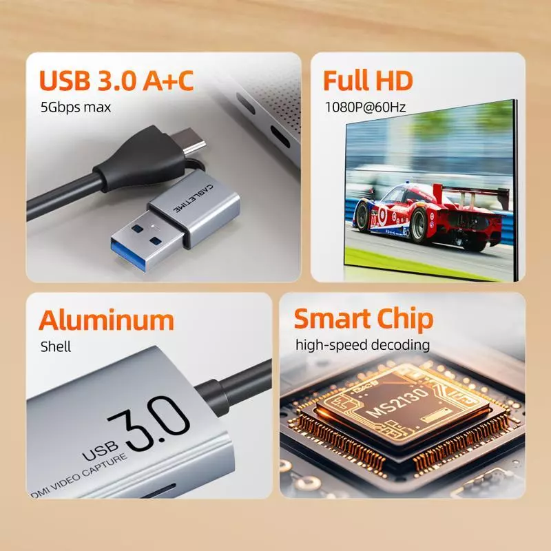 CABLETIME HDMI Video Capture Card Converter For Record Live Streaming USB A + C