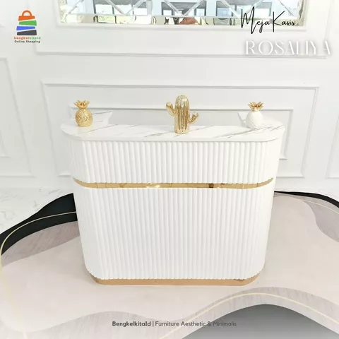 Meja Kasir Rosaliya Minimalis Modern Aesthetic / Meja Resepsionis Toko Mewah 3 Laci Kayu Solid Duco List Gold
