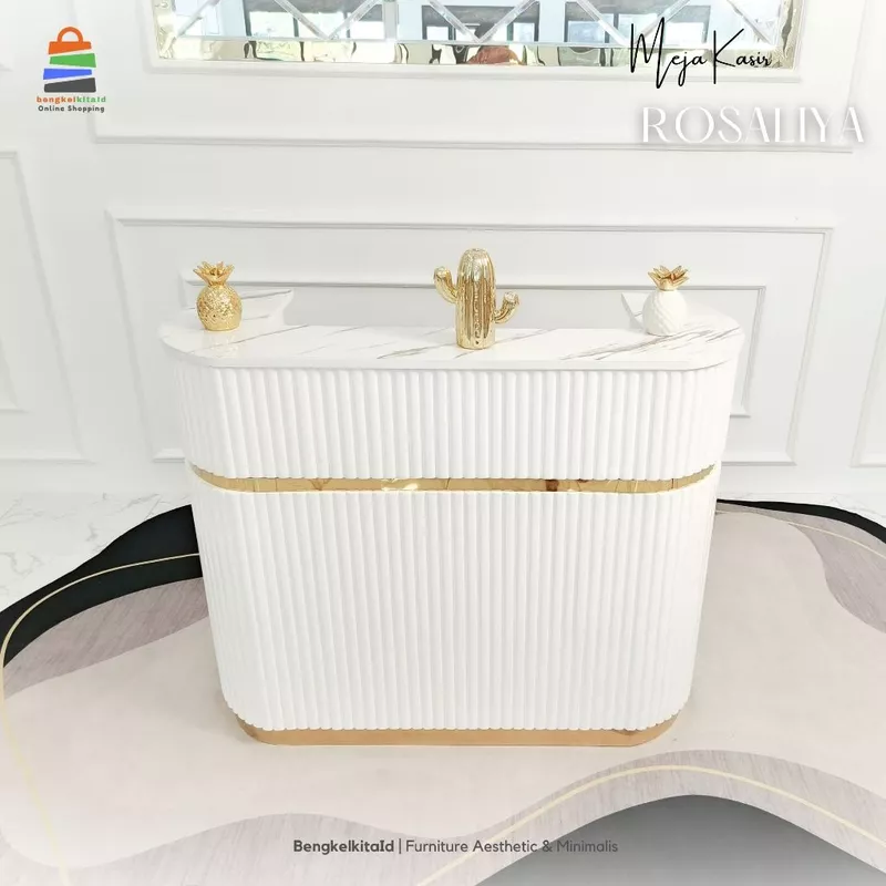 Meja Kasir Rosaliya Minimalis Modern Aesthetic / Meja Resepsionis Toko Mewah 3 Laci Kayu Solid Duco List Gold