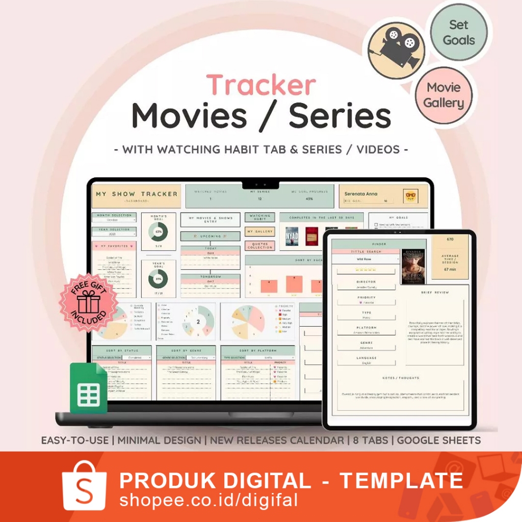 GoogIe Spreadsheet Shows Movies & Videos Tracker with Gallery Collection | Series Planner with Review Spreadsheet | Great Gift for Film Lovers
