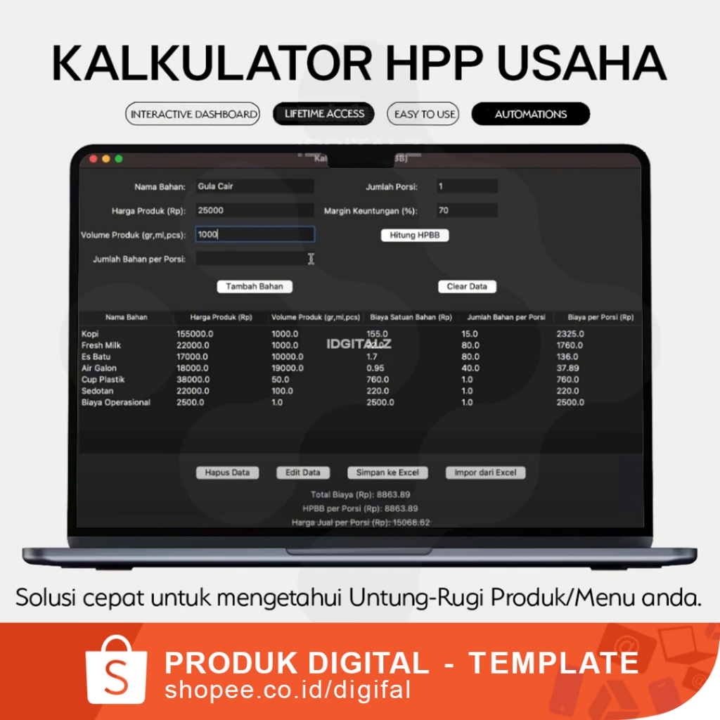 Kalkulator HPP Usaha - Template dan Tools DigitaI untuk Hitung Harga Pokok Produksi & Harga Penjualan untuk Usaha dan Bisnis UMKM Kuline FNB Spreadsheet Anggaran Tahunan Bulana