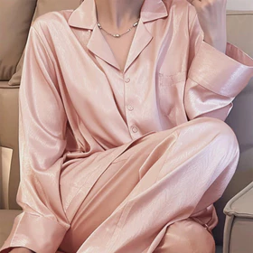 Set Piyama Wanita Berbahan Sutra Satin Jacquard Sleepwear Pajamas Long Sleeved Korean Style