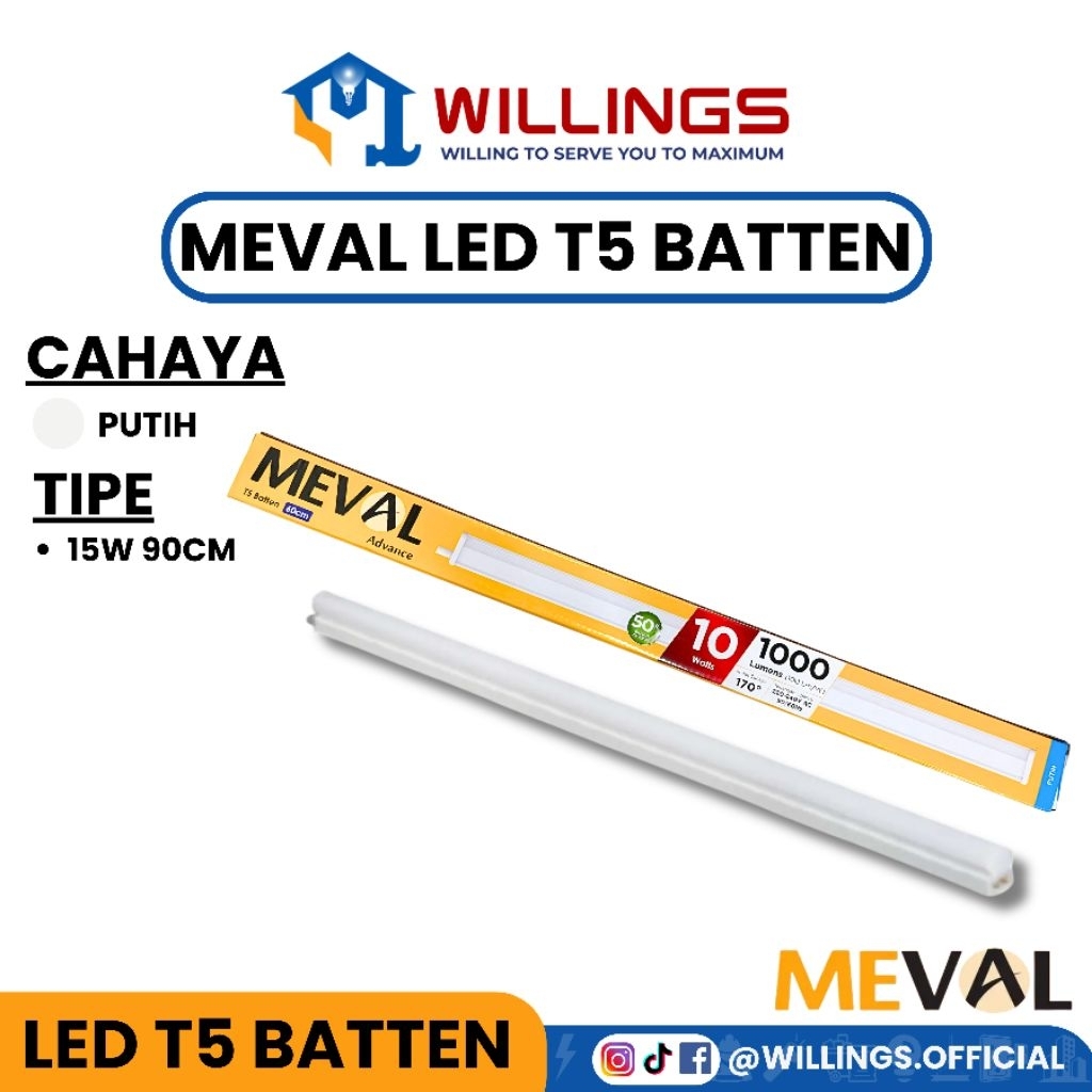 Jual WILLINGS - MEVAL LAMPU LED T5 BATTEN CAHAYA PUTIH 5W / 10W / 15W ...