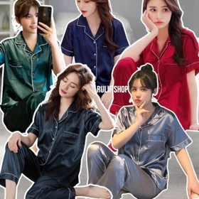 RULIF Baju Tidur Wanita Bahan Satin Halus Polos Lengan Pendek Kerah Kancing