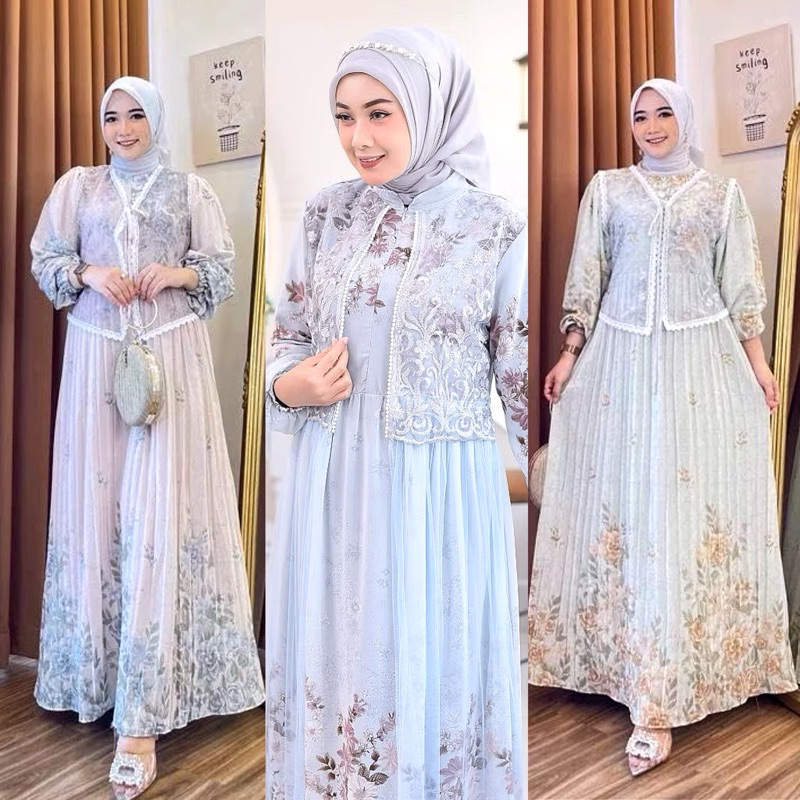 Gamis Lebaran Ceruti Babydoll Dress Brukat Ramadhan Idul Fitri Set Dengan Hijab - foto 3