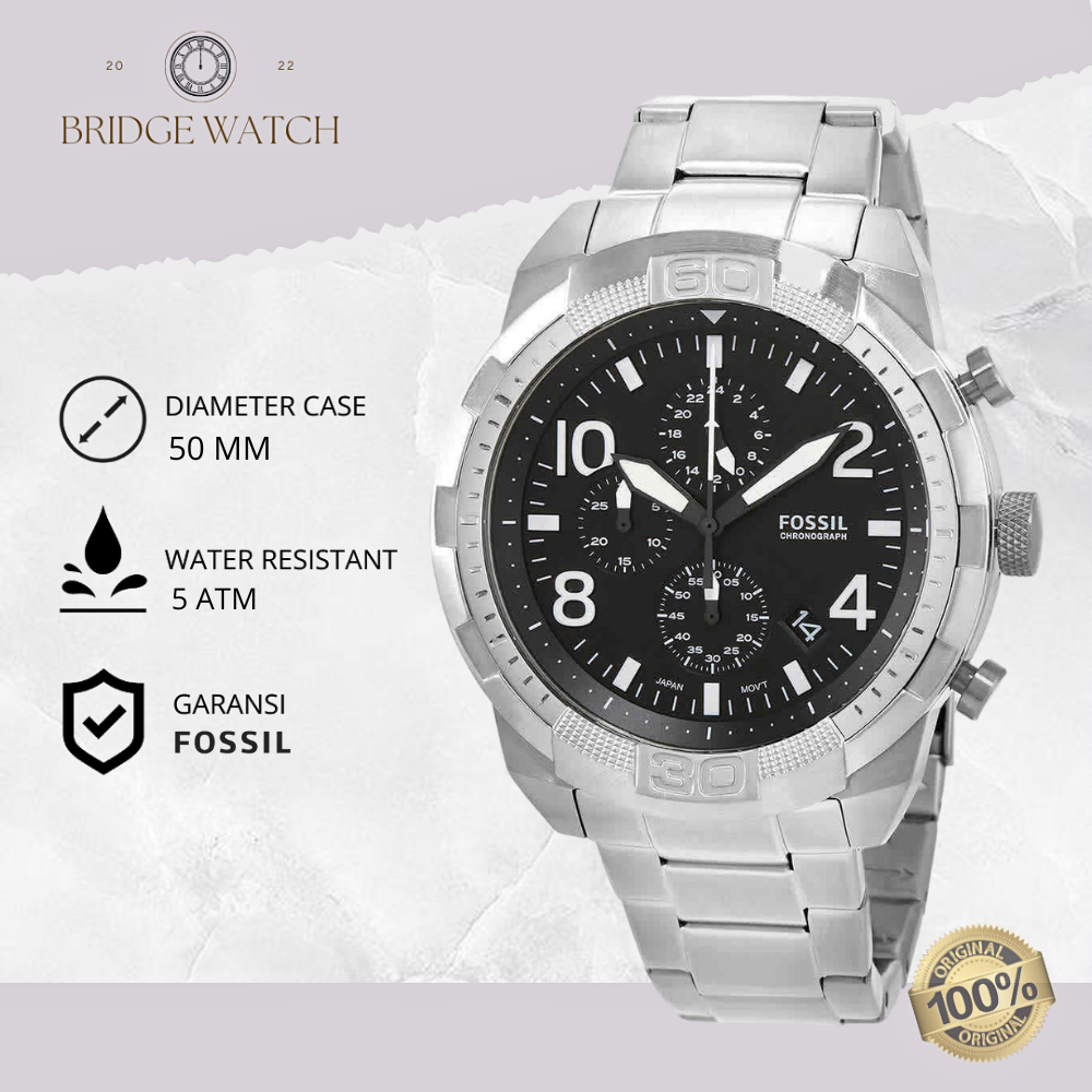 Jam Tangan Pria Fossil Bronson Analog Strap Rantai Cowok Chronograph  Stainless Steel Water Resistant Sporty Silver Elegant Casual Mewah Original 