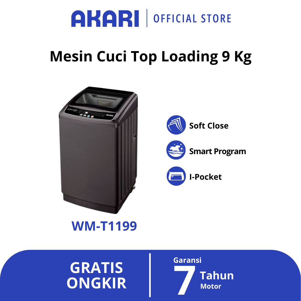 AKARI Mesin Cuci Top Loading 1 Tabung Turbo Spin WM-T1199 Auto Tub 9Kg