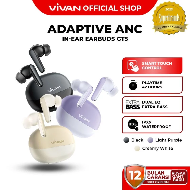 VIVAN TWS Infinity GT5 | DUAL EQ Extra Bass | Adaptive ANC Transparancy Mode | Bluetooth 5.4 | Playtime 42 Jam Headset Bluetooth